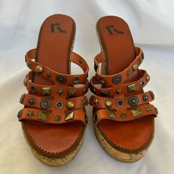 Report Kiana Platform Leather Sandals with Cork Wedge Heel Size 8.5 Studded - Picture 1 of 10